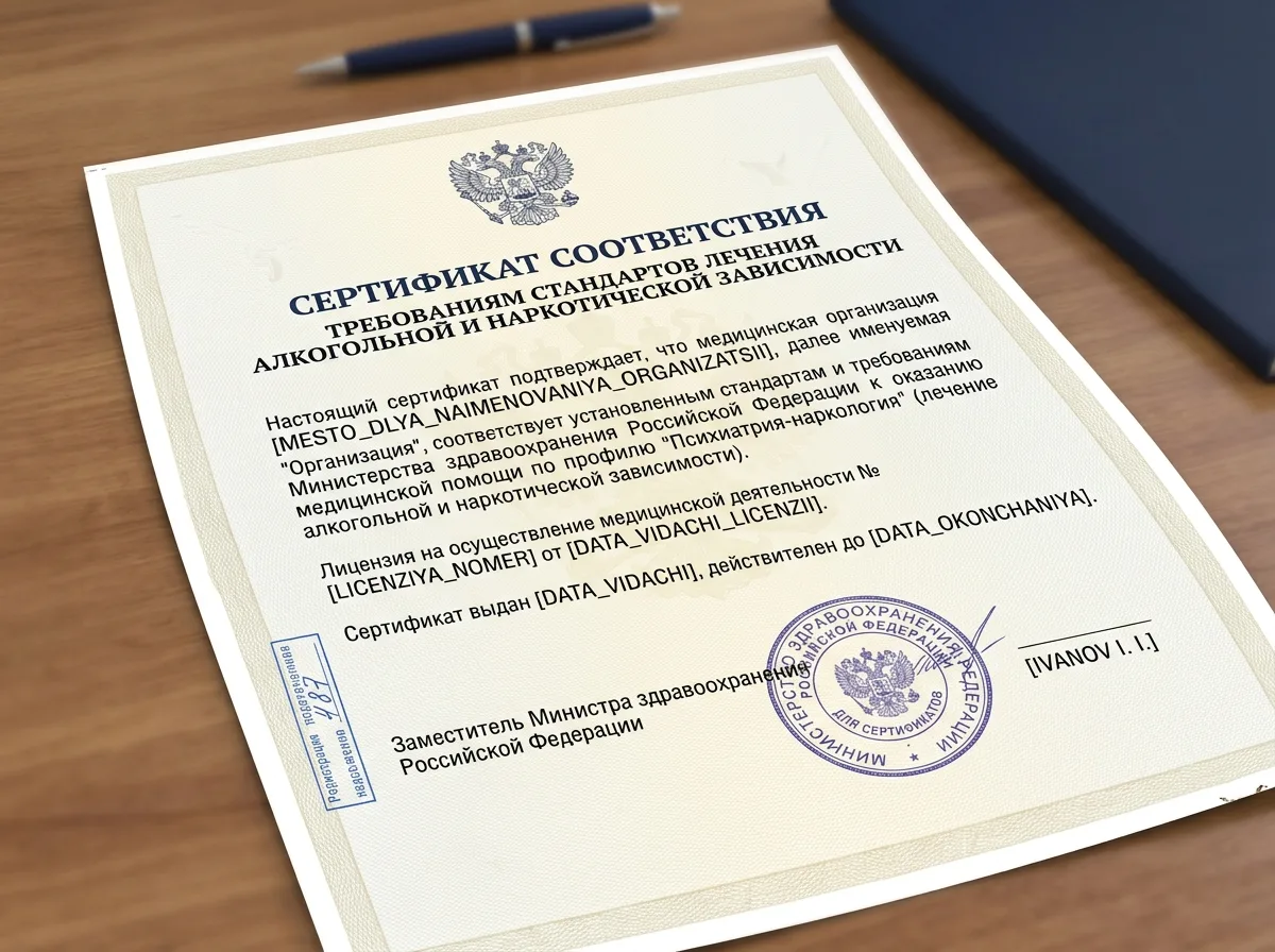 Сертификат соответствия стандартам лечения алкогольной и наркотической зависимости, официальный документ с печатью Минздрава России